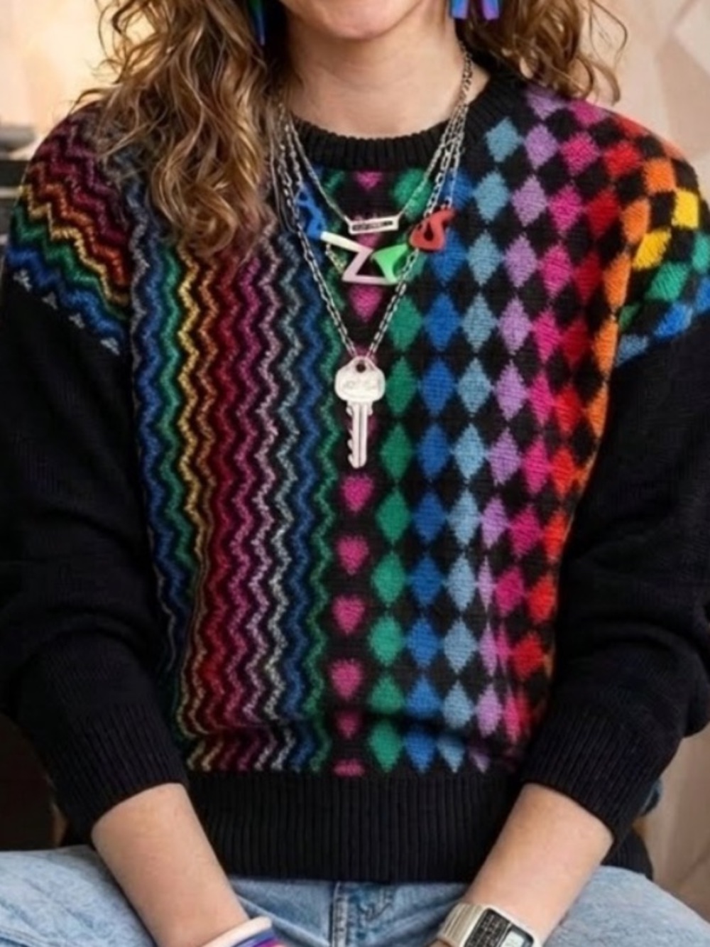 Mary Jane by Corey Vintage Rainbow Geometric Sweater ZigZag Heart Diamond Disco